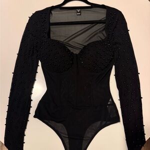 Elegant Windsor Black mesh Beaded Bodysuit